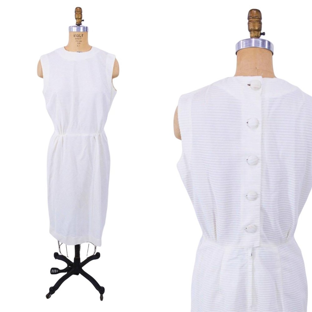 Vintage 1960s Solid Cream Day Dress Stripe Shift | W 29"